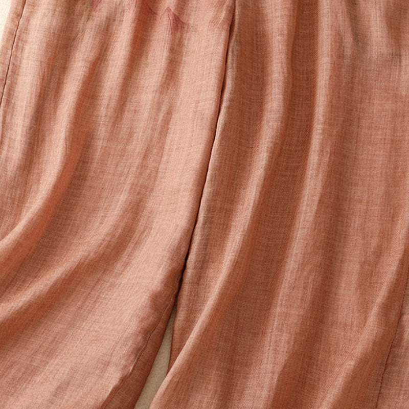 Floral Print High Waist Cotton Linen Drawstring Wide Leg Pants With Pockets