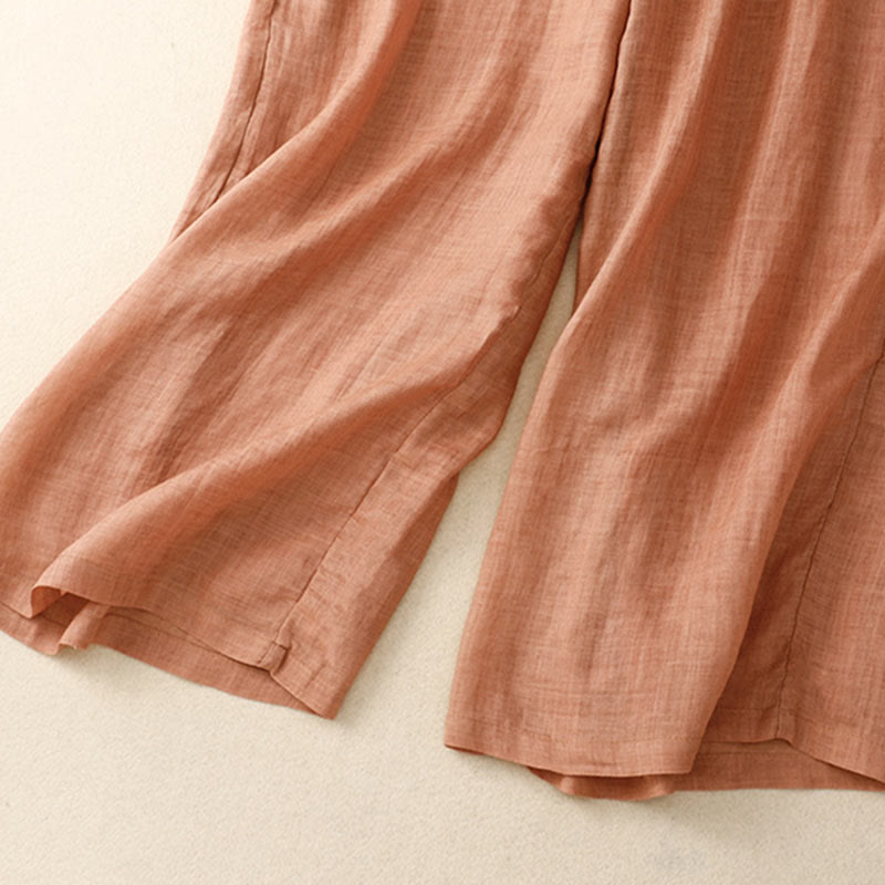 Floral Print High Waist Cotton Linen Drawstring Wide Leg Pants With Pockets