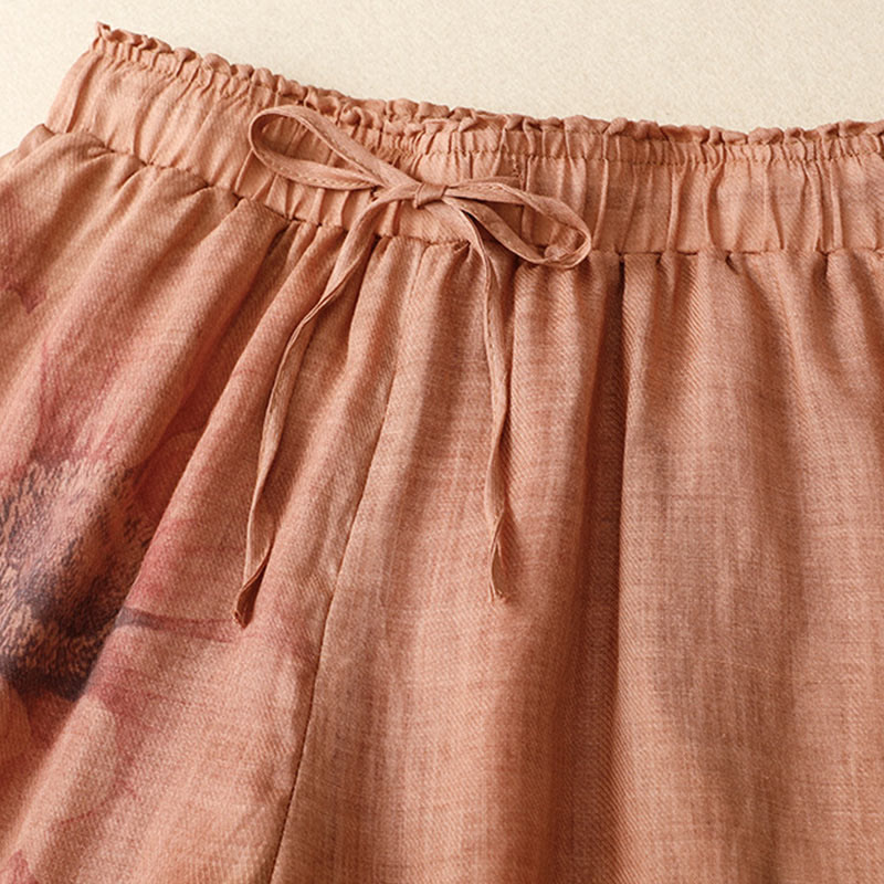 Floral Print High Waist Cotton Linen Drawstring Wide Leg Pants With Pockets