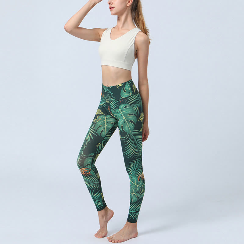 Leaves Print Sports Fitness Yoga High Waist Leggings Women's Yoga Pants