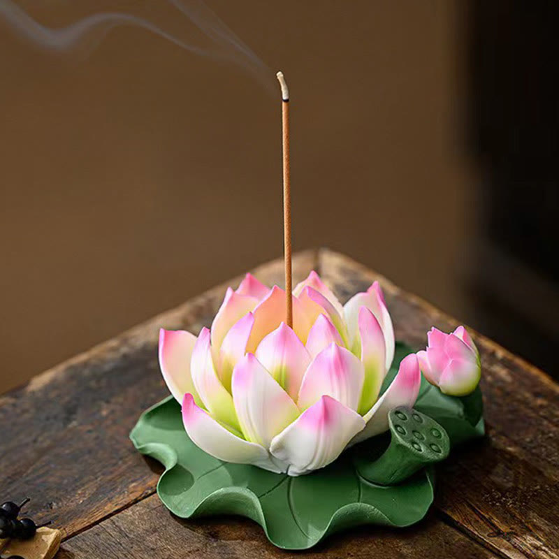 Lotus Flower Leaf Pod Spiritual Ceramic Stick Incense Burner Decoration