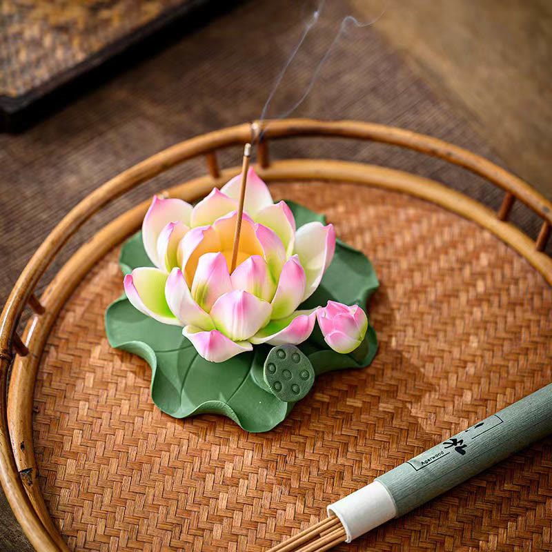 Lotus Flower Leaf Pod Spiritual Ceramic Stick Incense Burner Decoration