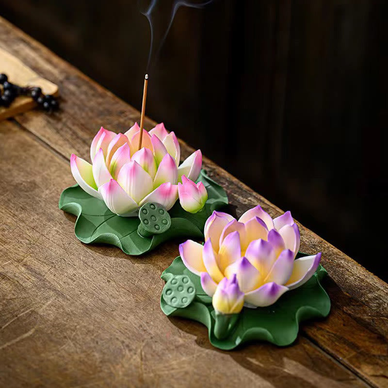 Lotus Flower Leaf Pod Spiritual Ceramic Stick Incense Burner Decoration