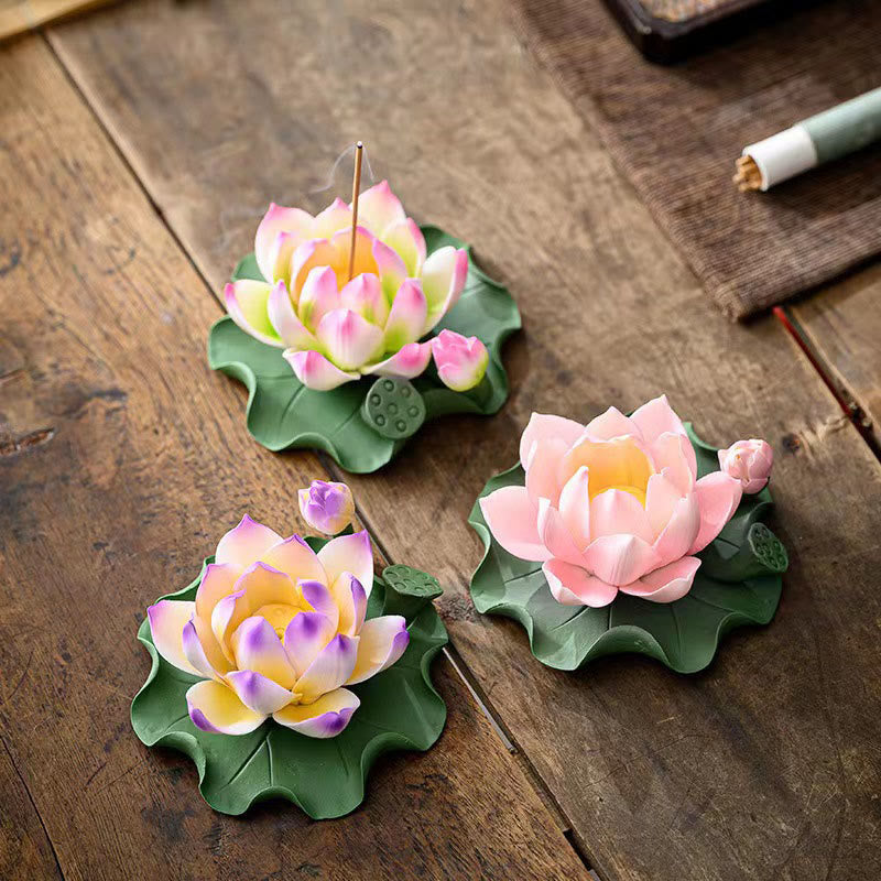Lotus Flower Leaf Pod Spiritual Ceramic Stick Incense Burner Decoration