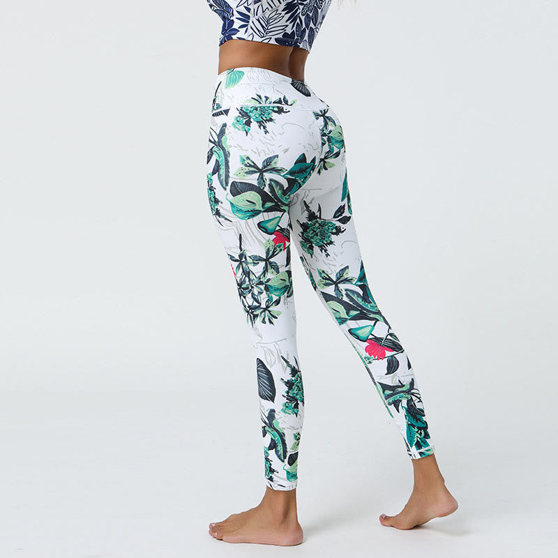 Flowers Leaves Dandelions Pineapples Print Sports Fitness High Waist Leggings Women's Yoga Pants