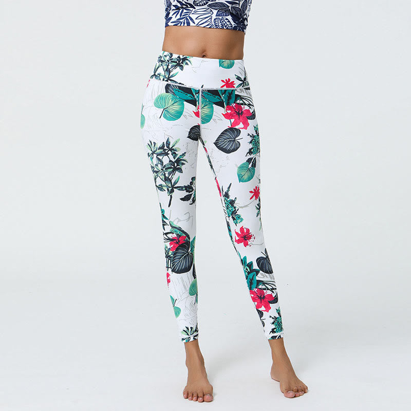 Flowers Leaves Dandelions Pineapples Print Sports Fitness High Waist Leggings Women's Yoga Pants