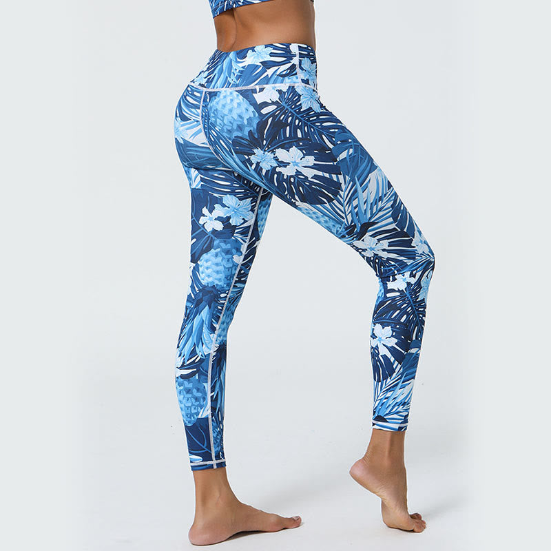 Flowers Leaves Dandelions Pineapples Print Sports Fitness High Waist Leggings Women's Yoga Pants