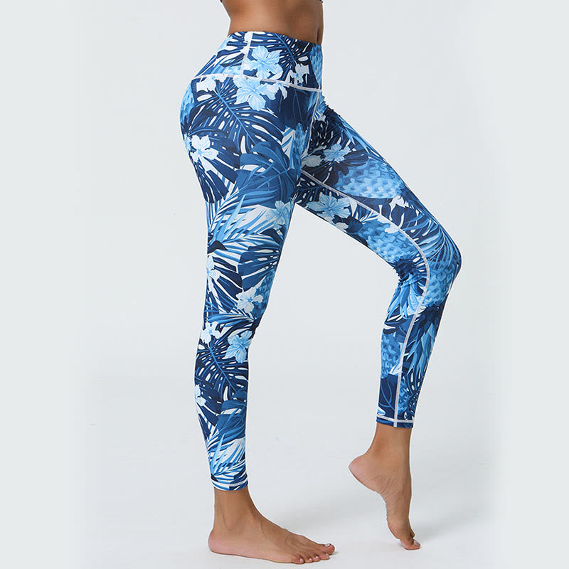 Flowers Leaves Dandelions Pineapples Print Sports Fitness High Waist Leggings Women's Yoga Pants