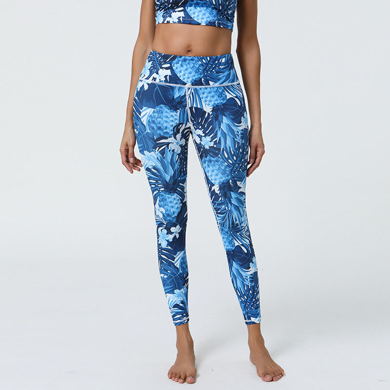 Flowers Leaves Dandelions Pineapples Print Sports Fitness High Waist Leggings Women's Yoga Pants
