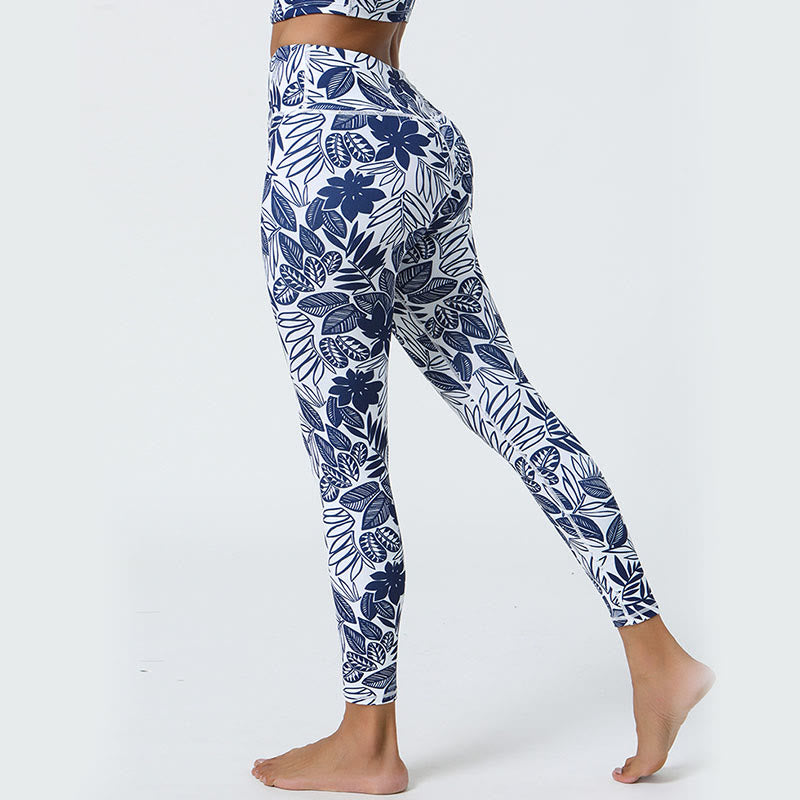 Flowers Leaves Dandelions Pineapples Print Sports Fitness High Waist Leggings Women's Yoga Pants