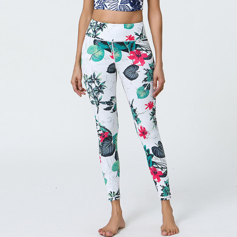 Flowers Leaves Dandelions Pineapples Print Sports Fitness High Waist Leggings Women's Yoga Pants