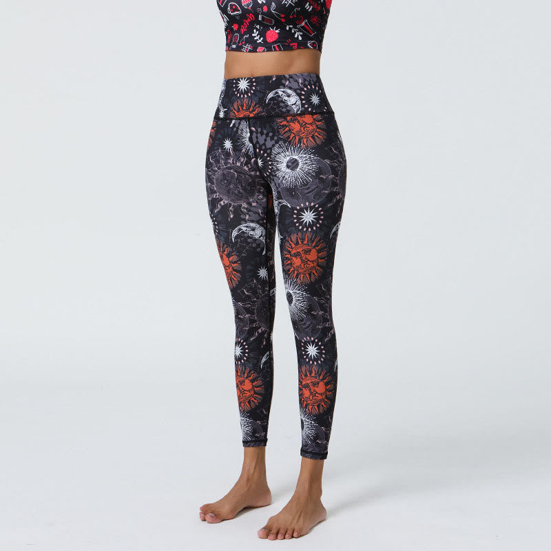 Flowers Feathers Sun Moon Print Sports Fitness Yoga High Waist Leggings Women's Pants