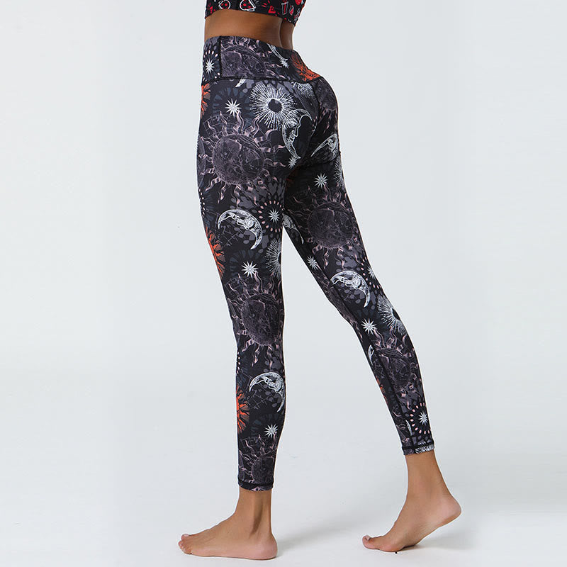 Flowers Feathers Sun Moon Print Sports Fitness Yoga High Waist Leggings Women's Pants