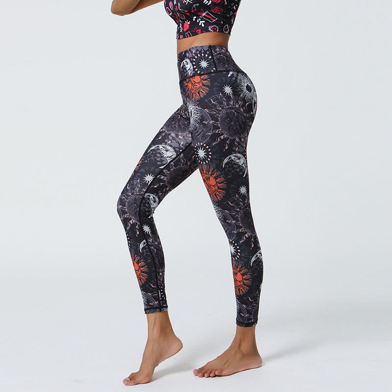 Flowers Feathers Sun Moon Print Sports Fitness Yoga High Waist Leggings Women's Pants