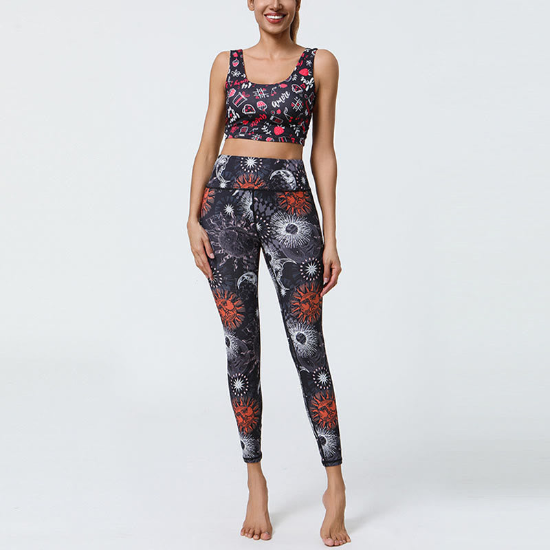 Flowers Feathers Sun Moon Print Sports Fitness Yoga High Waist Leggings Women's Pants