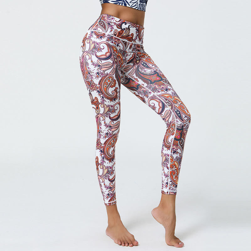 Flowers Feathers Sun Moon Print Sports Fitness Yoga High Waist Leggings Women's Pants