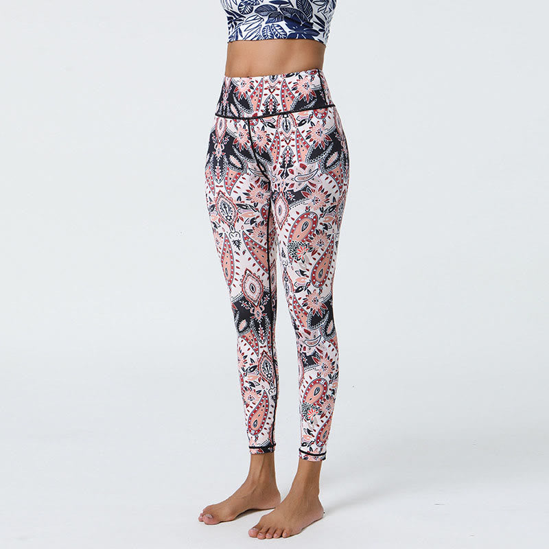Flowers Feathers Sun Moon Print Sports Fitness Yoga High Waist Leggings Women's Pants