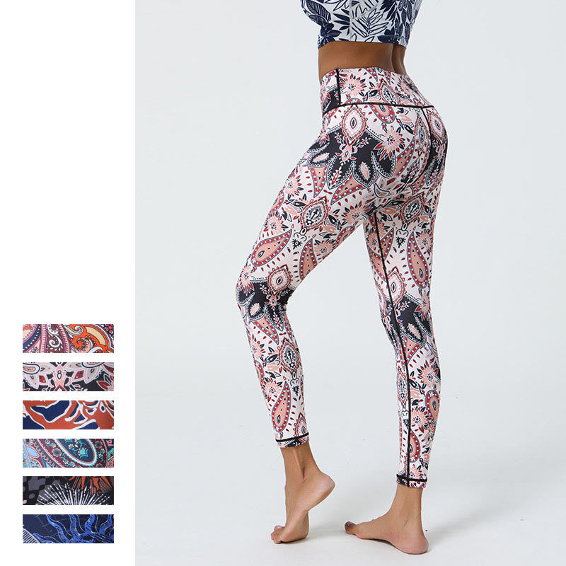 Flowers Feathers Sun Moon Print Sports Fitness Yoga High Waist Leggings Women's Pants