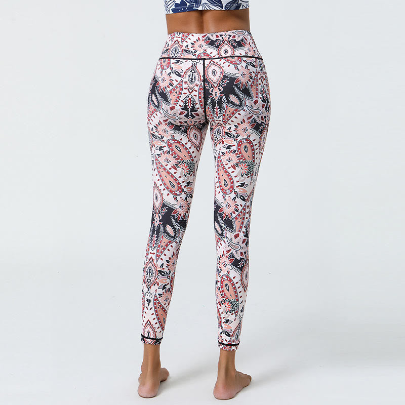Flowers Feathers Sun Moon Print Sports Fitness Yoga High Waist Leggings Women's Pants
