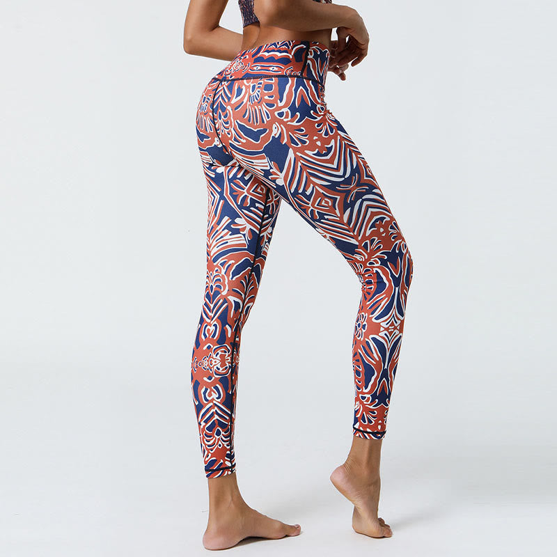 Flowers Feathers Sun Moon Print Sports Fitness Yoga High Waist Leggings Women's Pants