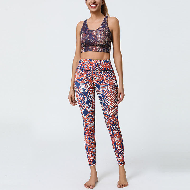Flowers Feathers Sun Moon Print Sports Fitness Yoga High Waist Leggings Women's Pants