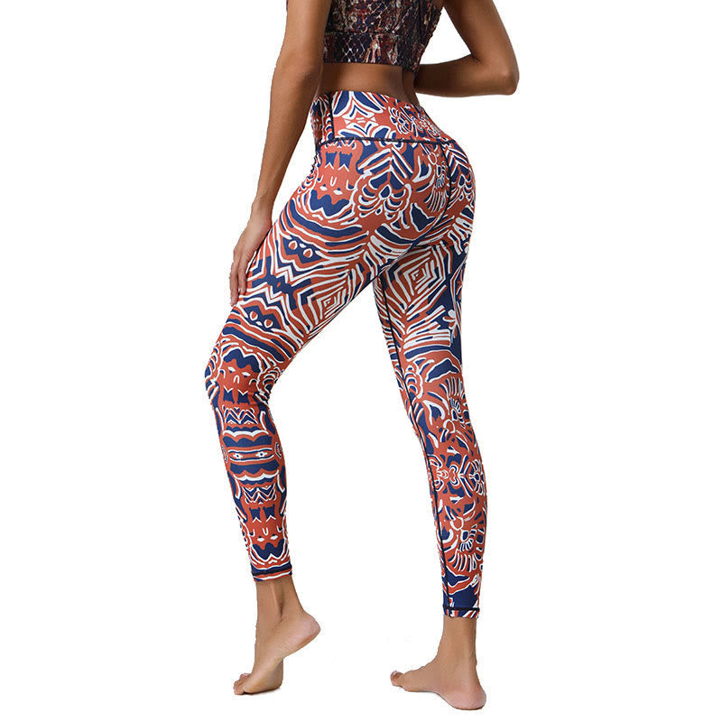 Flowers Feathers Sun Moon Print Sports Fitness Yoga High Waist Leggings Women's Pants