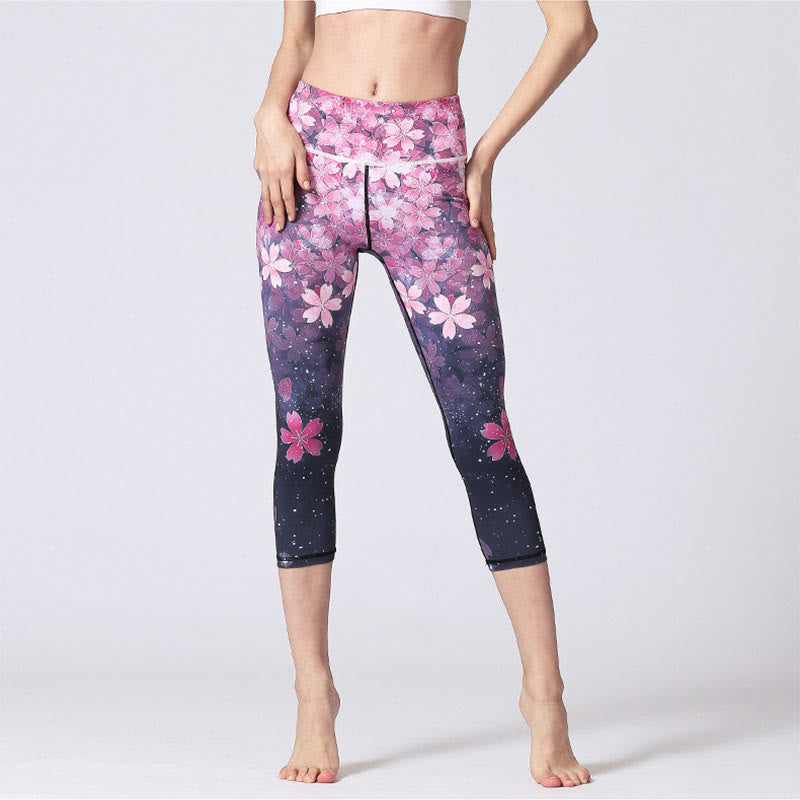Cherry Blossoms Sakura Lines Print Sports Yoga Cropped Leggings Women's Yoga Capri Pants