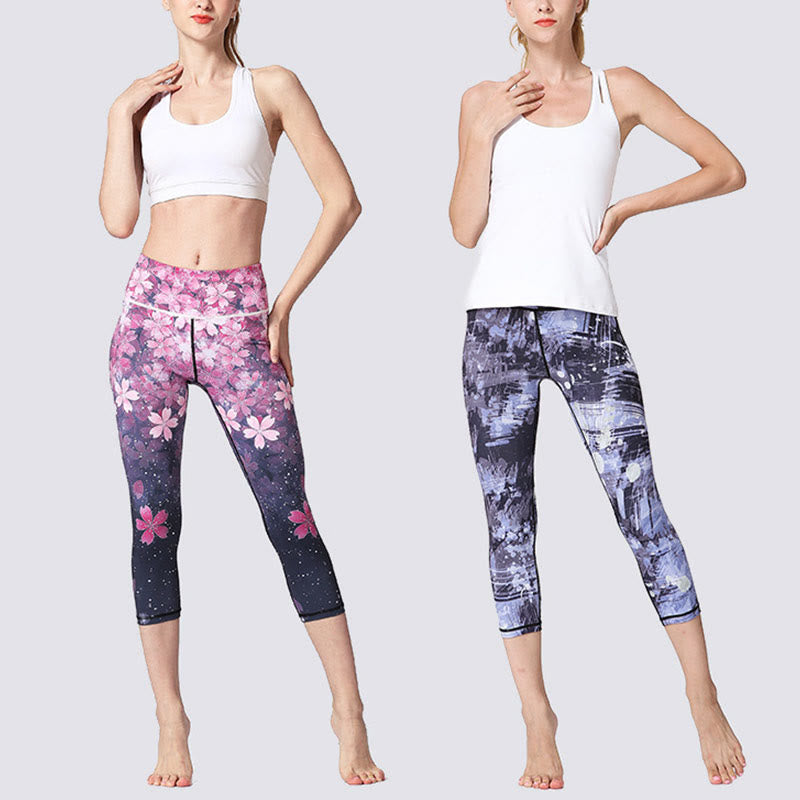 Cherry Blossoms Sakura Lines Print Sports Yoga Cropped Leggings Women's Yoga Capri Pants