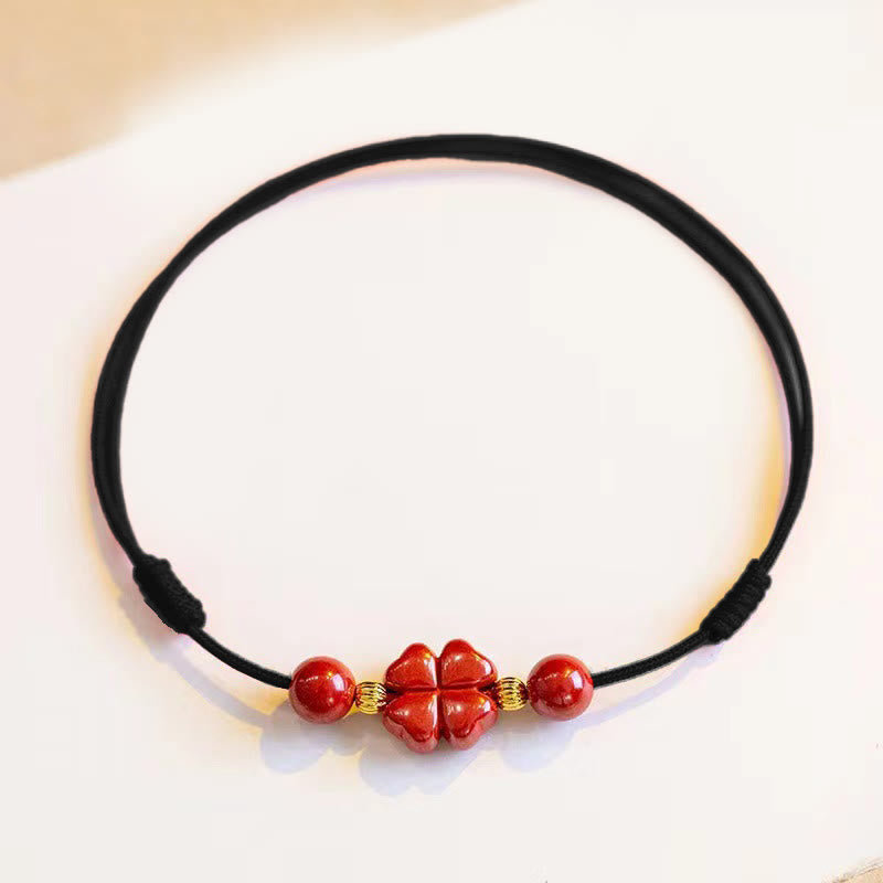 Cinnabar Four Leaf Clover Blessing String Rope Anklet