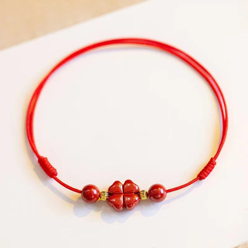 Cinnabar Four Leaf Clover Blessing String Rope Anklet