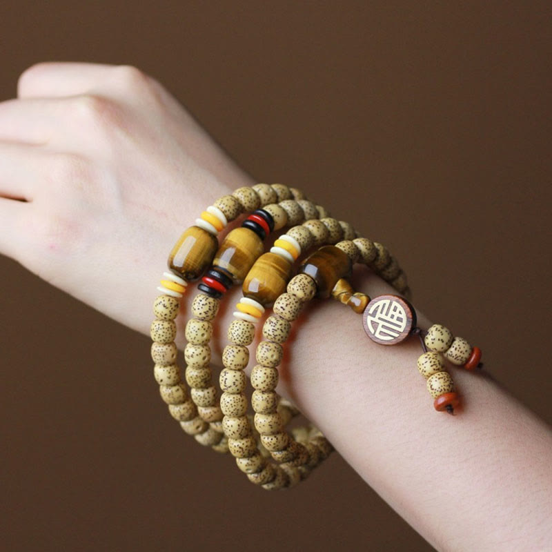 108 Mala Beads Bodhi Seed Tiger's Eye Fu Character Peace Bracelet