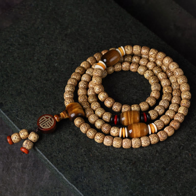 108 Mala Beads Bodhi Seed Tiger's Eye Fu Character Peace Bracelet