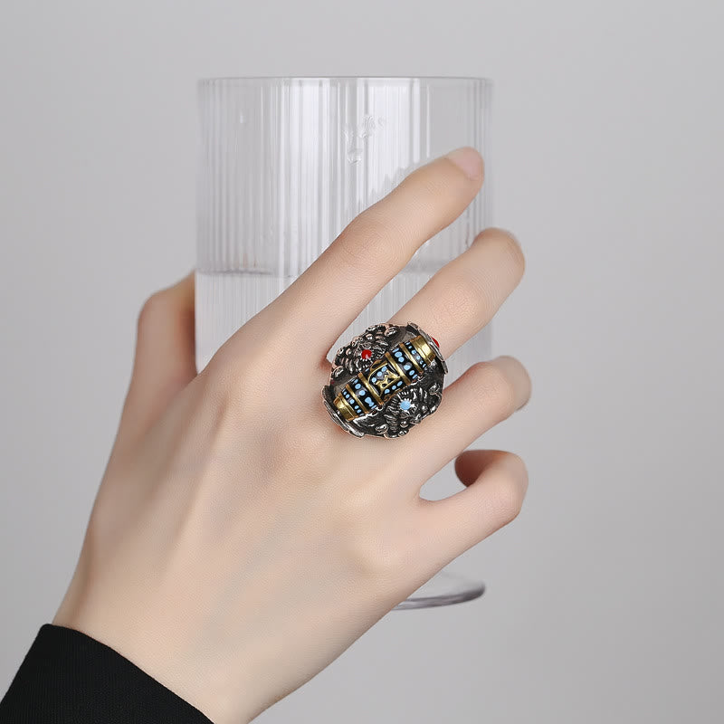 Tibetan Om Mani Padme Hum Garuda Dzi Bead Pattern Peace Rotatable Ring