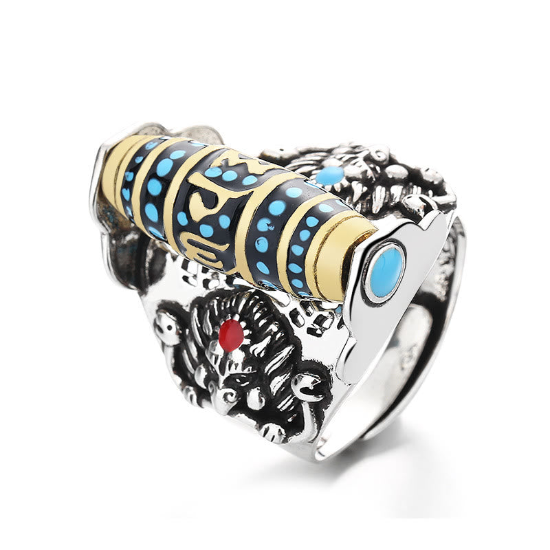 Tibetan Om Mani Padme Hum Garuda Dzi Bead Pattern Peace Rotatable Ring