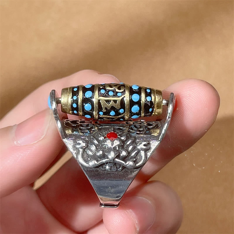 Tibetan Om Mani Padme Hum Garuda Dzi Bead Pattern Peace Rotatable Ring