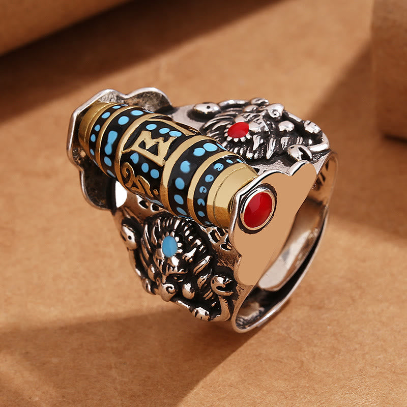 Tibetan Om Mani Padme Hum Garuda Dzi Bead Pattern Peace Rotatable Ring