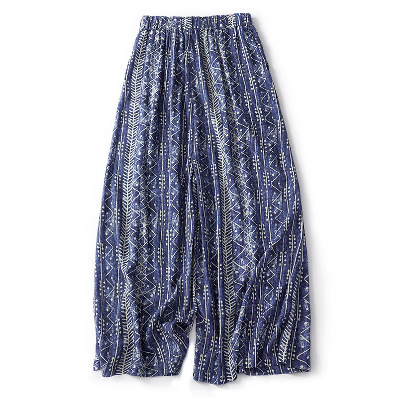 Blue Stripes Print Wide Leg Pants With Pockets