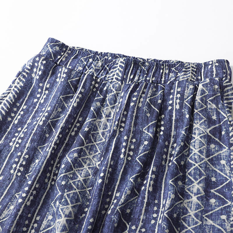 Blue Stripes Print Wide Leg Pants With Pockets