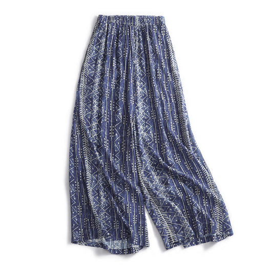Blue Stripes Print Wide Leg Pants With Pockets