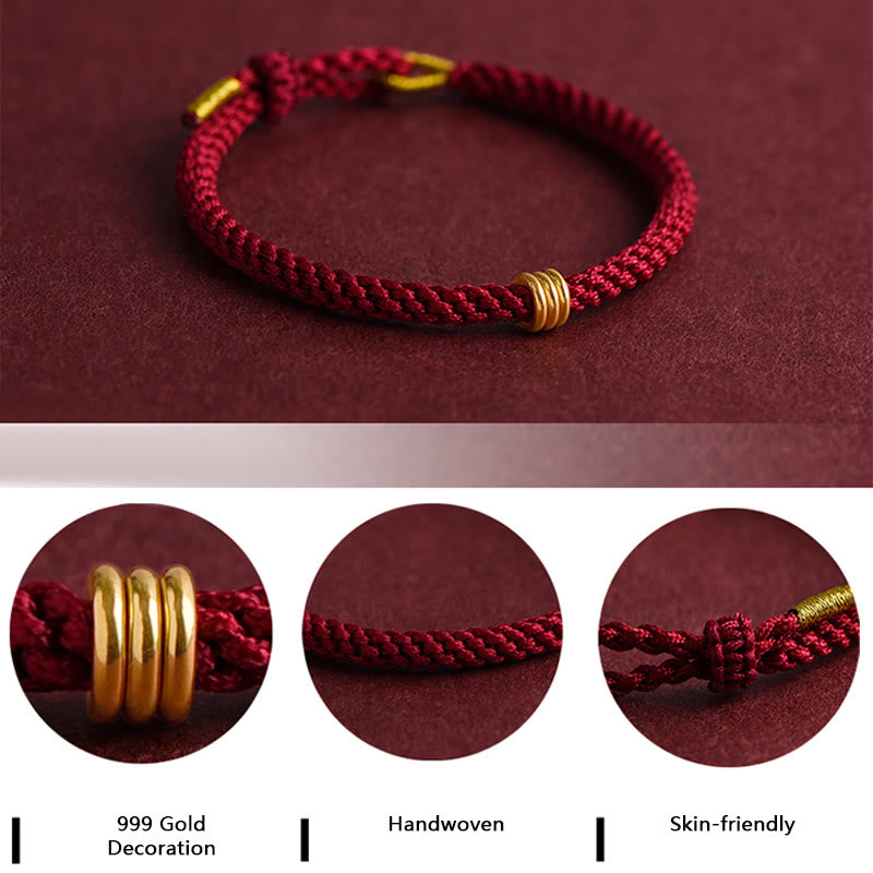 999 Gold Triple Ring Design Handmade Connection Braided Rope Bracelet