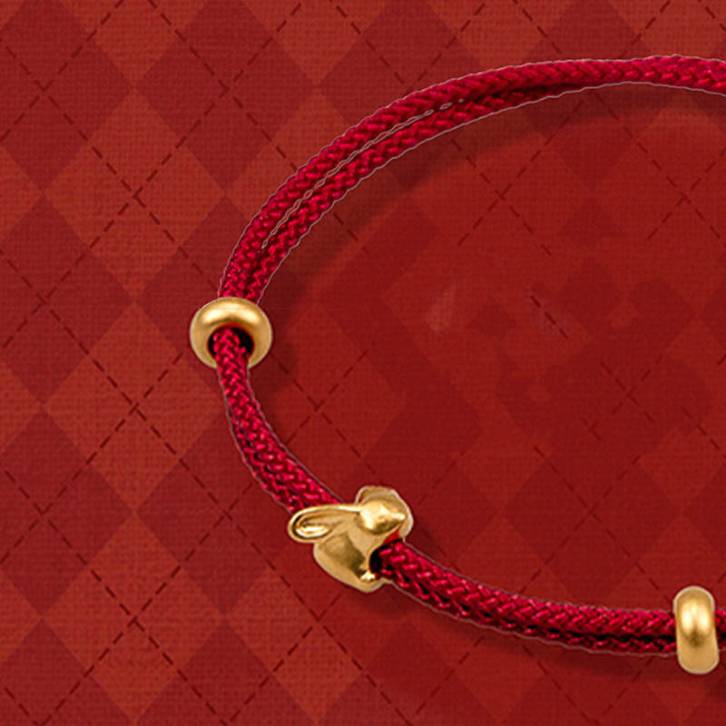 999 Gold Small Lucky Rabbit Osmanthus Design Handmade Luck Braided Rope Bracelet