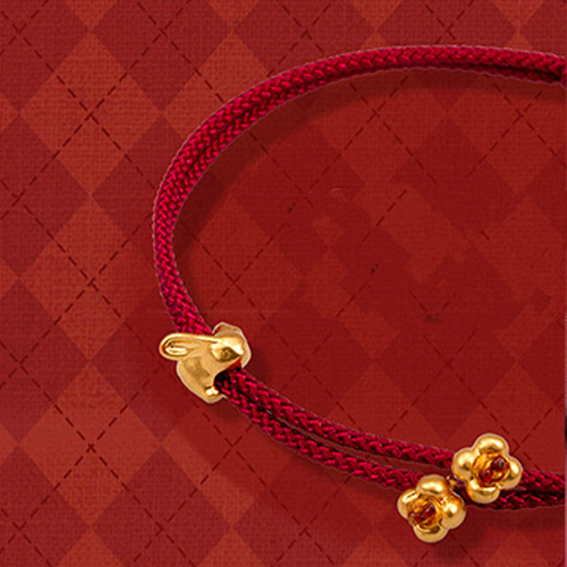 999 Gold Small Lucky Rabbit Osmanthus Design Handmade Luck Braided Rope Bracelet