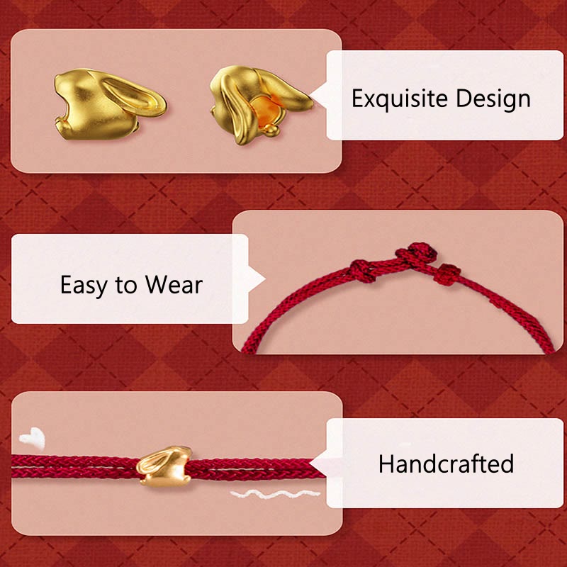 999 Gold Small Lucky Rabbit Osmanthus Design Handmade Luck Braided Rope Bracelet