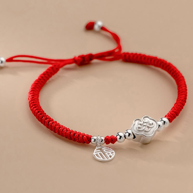 Handmade 925 Sterling Silver Fu Character Auspicious Clouds Blessing Braided Rope Bracelet