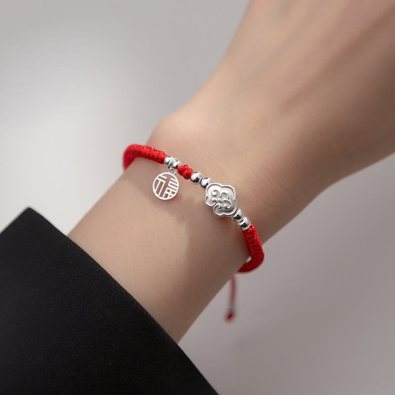 Handmade 925 Sterling Silver Fu Character Auspicious Clouds Blessing Braided Rope Bracelet