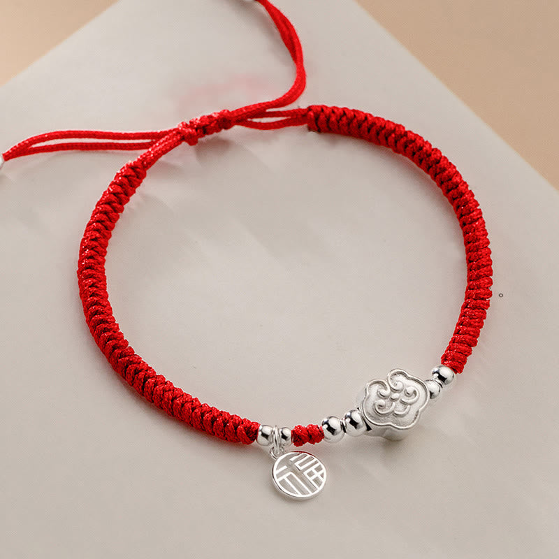 Handmade 925 Sterling Silver Fu Character Auspicious Clouds Blessing Braided Rope Bracelet