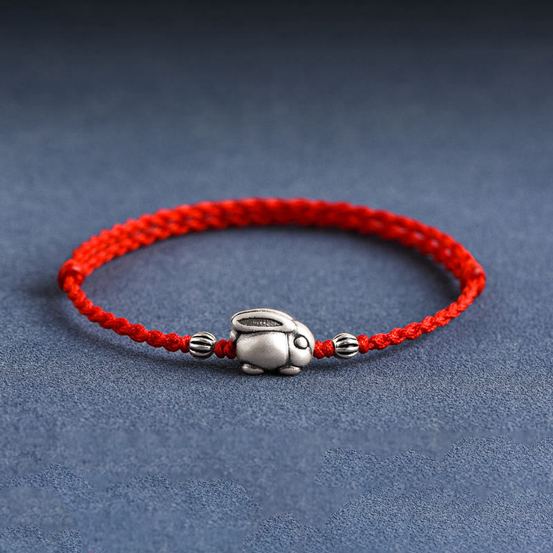 Handmade 999 Sterling Silver Rabbit Luck Rope Bracelet Anklet