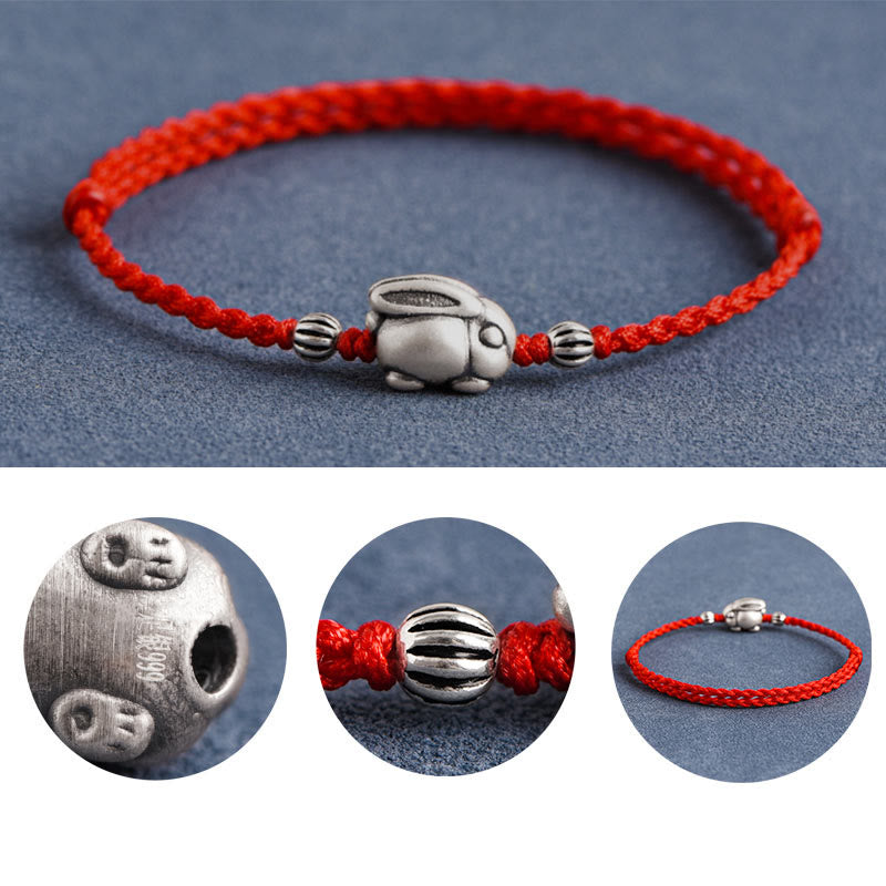 Handmade 999 Sterling Silver Rabbit Luck Rope Bracelet Anklet