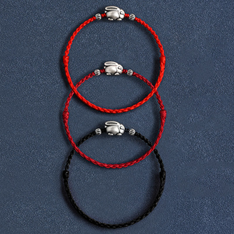 Handmade 999 Sterling Silver Rabbit Luck Rope Bracelet Anklet