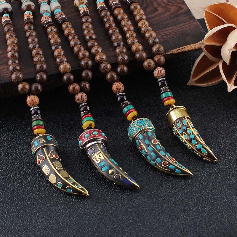 Tibet Wenge Wood Om Mani Padme Hum OM Symbol Mantra Horn Pattern Protection Necklace Pendant